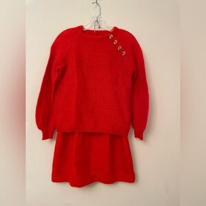 Vintage 80s Orange Knit Two Piece Sweater and Skirt Set w/Gold Buttons Size S/M